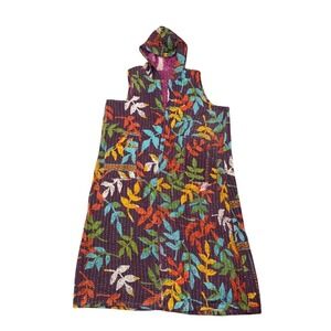 Renew Vintage Kantha Stitched Hooded Vest Womens OS Purple Leaf Print NWT Boho